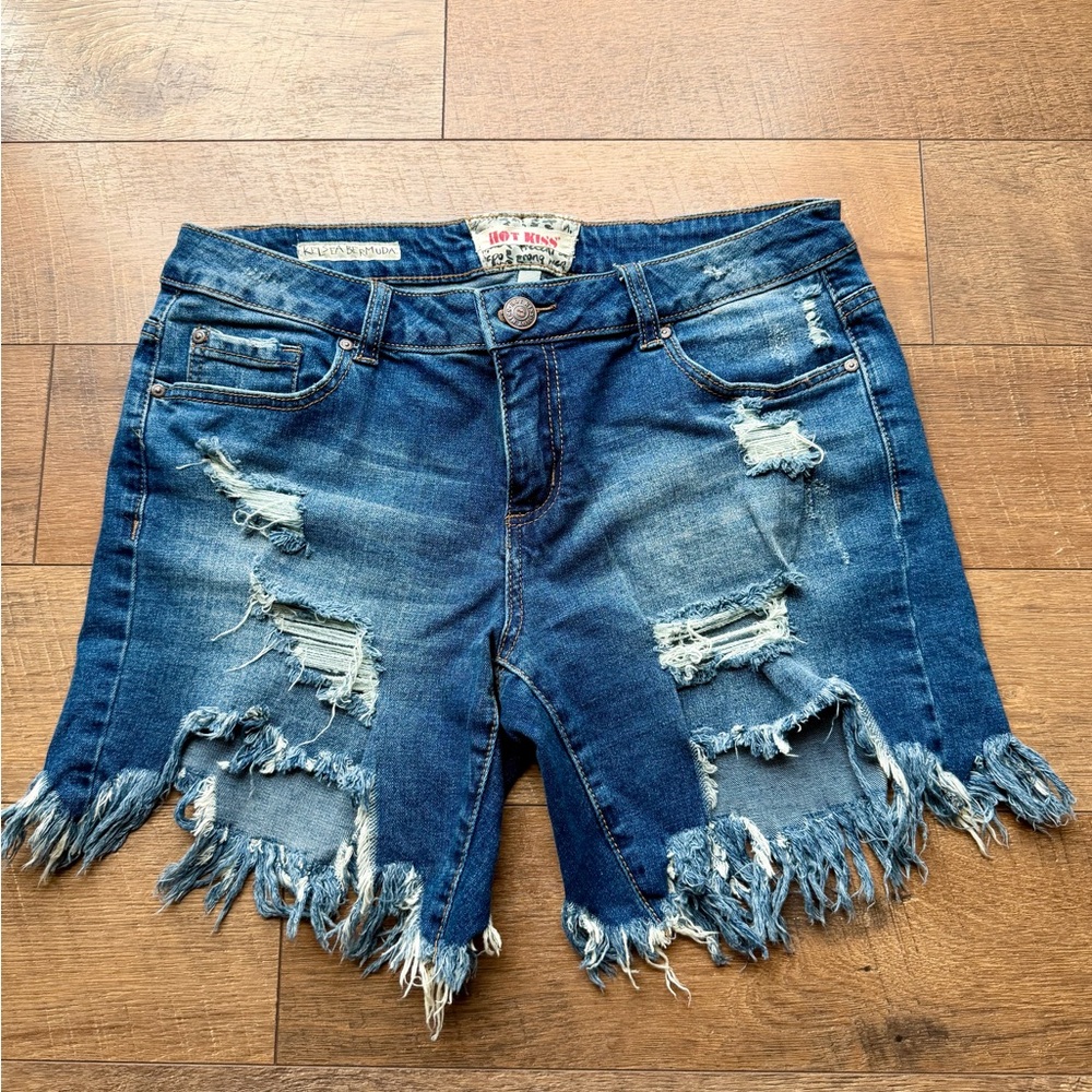 Hot Kiss Distressed Dark Blue Denim Jean Shorts with Fringed Hem